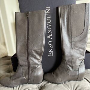 Enzo Angiolini Dark Gray Leather Wedge Heel Boots